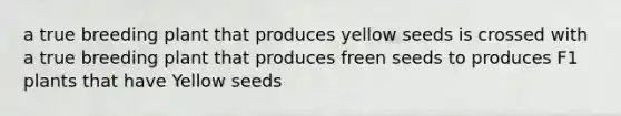 a true breeding plant that produces yellow seeds is crossed with a true breeding plant that produces freen seeds to produces F1 plants that have Yellow seeds