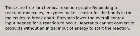 These are true for chemical reaction graph: By binding to reactant molecules, enzymes make it easier for the bonds in the molecules to break apart. Enzymes lower the overall energy input needed for a reaction to occur. Reactants cannot convert to products without an initial input of energy to start the reaction.