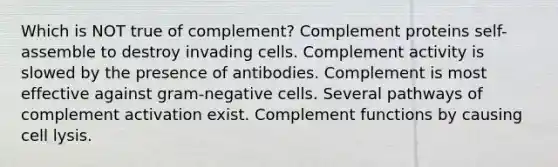 Which is NOT true of complement? Complement proteins self-assemble to destroy invading cells. Complement activity is slowed by the presence of antibodies. Complement is most effective against gram-negative cells. Several pathways of complement activation exist. Complement functions by causing cell lysis.