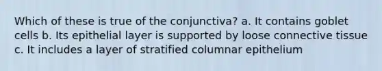 Which of these is true of the conjunctiva? a. It contains goblet cells b. Its epithelial layer is supported by loose connective tissue c. It includes a layer of stratified columnar epithelium