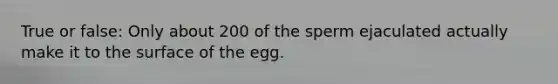 True or false: Only about 200 of the sperm ejaculated actually make it to the surface of the egg.