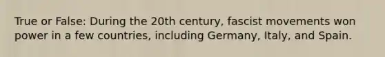 True or False: During the 20th century, fascist movements won power in a few countries, including Germany, Italy, and Spain.