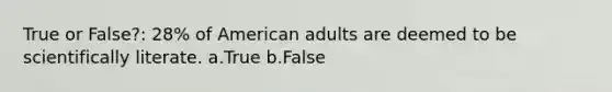 True or False?: 28% of American adults are deemed to be scientifically literate. a.True b.False