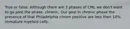 True or false: Although there are 3 phases of CML we don't want to go past the phase, chronic. Our goal in chronic phase the presence of that Philadelphia chrom positive are less then 10% immature myeloid cells.