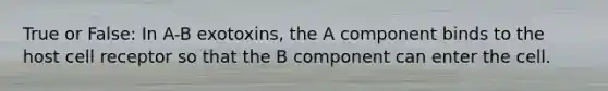 True or False: In A-B exotoxins, the A component binds to the host cell receptor so that the B component can enter the cell.