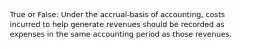 True or False: Under the accrual-basis of accounting, costs incurred to help generate revenues should be recorded as expenses in the same accounting period as those revenues.