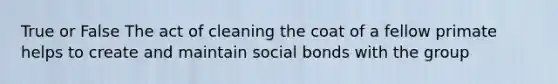 True or False The act of cleaning the coat of a fellow primate helps to create and maintain social bonds with the group