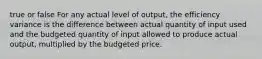 true or false For any actual level of output, the efficiency variance is the difference between actual quantity of input used and the budgeted quantity of input allowed to produce actual output, multiplied by the budgeted price.