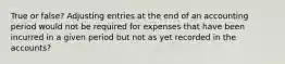 True or false? Adjusting entries at the end of an accounting period would not be required for expenses that have been incurred in a given period but not as yet recorded in the accounts?