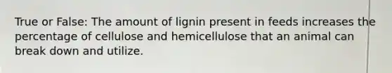 True or False: The amount of lignin present in feeds increases the percentage of cellulose and hemicellulose that an animal can break down and utilize.