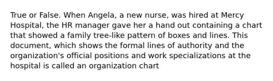 True or False. When Angela, a new nurse, was hired at Mercy Hospital, the HR manager gave her a hand out containing a chart that showed a family tree-like pattern of boxes and lines. This document, which shows the formal lines of authority and the organization's official positions and work specializations at the hospital is called an organization chart