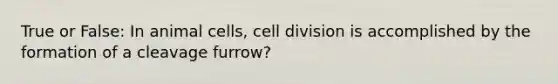 True or False: In animal cells, cell division is accomplished by the formation of a cleavage furrow?