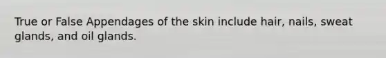 True or False Appendages of the skin include hair, nails, sweat glands, and oil glands.