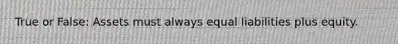 True or False: Assets must always equal liabilities plus equity.