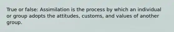 True or false: Assimilation is the process by which an individual or group adopts the attitudes, customs, and values of another group.