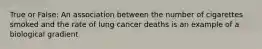 True or False: An association between the number of cigarettes smoked and the rate of lung cancer deaths is an example of a biological gradient