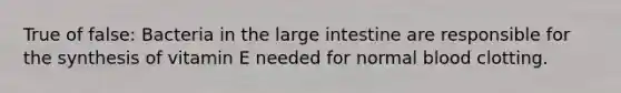 True of false: Bacteria in the <a href='https://www.questionai.com/knowledge/kGQjby07OK-large-intestine' class='anchor-knowledge'>large intestine</a> are responsible for the synthesis of vitamin E needed for normal blood clotting.