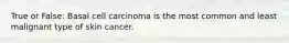 True or False: Basal cell carcinoma is the most common and least malignant type of skin cancer.