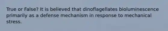 True or False? It is believed that dinoflagellates bioluminescence primarily as a defense mechanism in response to mechanical stress.