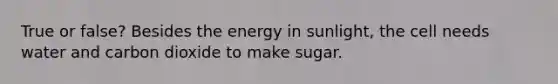 True or false? Besides the energy in sunlight, the cell needs water and carbon dioxide to make sugar.