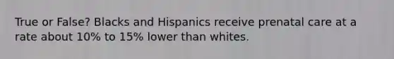 True or False? Blacks and Hispanics receive prenatal care at a rate about 10% to 15% lower than whites.