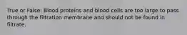 True or False: Blood proteins and blood cells are too large to pass through the filtration membrane and should not be found in filtrate.