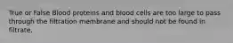 True or False Blood proteins and blood cells are too large to pass through the filtration membrane and should not be found in filtrate.