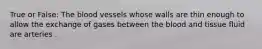 True or False: The blood vessels whose walls are thin enough to allow the exchange of gases between the blood and tissue fluid are arteries .