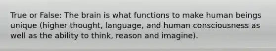 True or False: The brain is what functions to make human beings unique (higher thought, language, and human consciousness as well as the ability to think, reason and imagine).