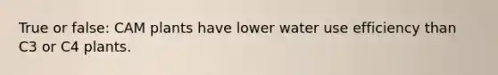 True or false: CAM plants have lower water use efficiency than C3 or C4 plants.