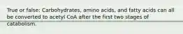 True or false: Carbohydrates, amino acids, and fatty acids can all be converted to acetyl CoA after the first two stages of catabolism.