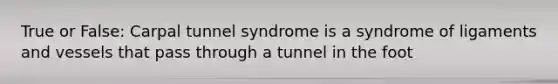 True or False: Carpal tunnel syndrome is a syndrome of ligaments and vessels that pass through a tunnel in the foot