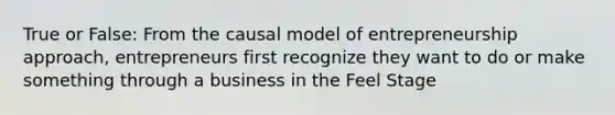 True or False: From the causal model of entrepreneurship approach, entrepreneurs first recognize they want to do or make something through a business in the Feel Stage