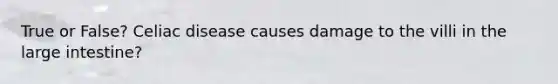 True or False? Celiac disease causes damage to the villi in the large intestine?