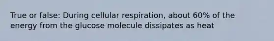 True or false: During cellular respiration, about 60% of the energy from the glucose molecule dissipates as heat