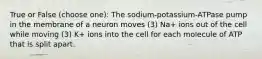 True or False (choose one): The sodium-potassium-ATPase pump in the membrane of a neuron moves (3) Na+ ions out of the cell while moving (3) K+ ions into the cell for each molecule of ATP that is split apart.