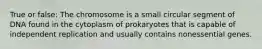 True or false: The chromosome is a small circular segment of DNA found in the cytoplasm of prokaryotes that is capable of independent replication and usually contains nonessential genes.