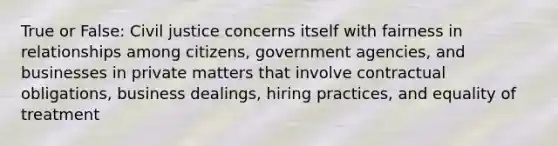 True or False: Civil justice concerns itself with fairness in relationships among citizens, government agencies, and businesses in private matters that involve contractual obligations, business dealings, hiring practices, and equality of treatment