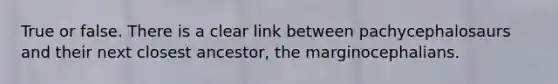 True or false. There is a clear link between pachycephalosaurs and their next closest ancestor, the marginocephalians.