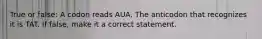 True or false: A codon reads AUA. The anticodon that recognizes it is TAT. If false, make it a correct statement.