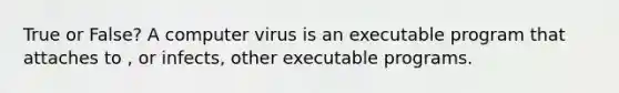 True or False? A computer virus is an executable program that attaches to , or infects, other executable programs.