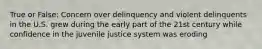 True or False: Concern over delinquency and violent delinquents in the U.S. grew during the early part of the 21st century while confidence in the juvenile justice system was eroding