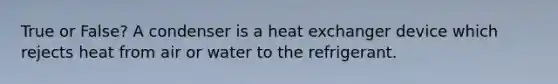 True or False? A condenser is a heat exchanger device which rejects heat from air or water to the refrigerant.