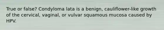 True or false? Condyloma lata is a benign, cauliflower-like growth of the cervical, vaginal, or vulvar squamous mucosa caused by HPV.