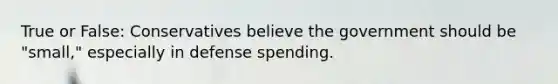 True or False: Conservatives believe the government should be "small," especially in defense spending.