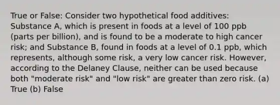 True or False: Consider two hypothetical food additives: Substance A, which is present in foods at a level of 100 ppb (parts per billion), and is found to be a moderate to high cancer risk; and Substance B, found in foods at a level of 0.1 ppb, which represents, although some risk, a very low cancer risk. However, according to the Delaney Clause, neither can be used because both "moderate risk" and "low risk" are greater than zero risk. (a) True (b) False