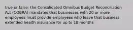 true or false: the Consolidated Omnibus Budget Reconciliation Act (COBRA) mandates that businesses with 20 or more employees must provide employees who leave that business extended health insurance for up to 18 months