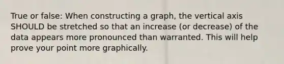 True or false: When constructing a graph, the vertical axis SHOULD be stretched so that an increase (or decrease) of the data appears more pronounced than warranted. This will help prove your point more graphically.