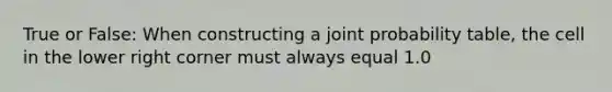 True or False: When constructing a joint probability table, the cell in the lower right corner must always equal 1.0