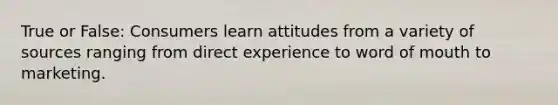 True or False: Consumers learn attitudes from a variety of sources ranging from direct experience to word of mouth to marketing.